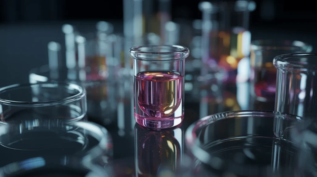 Mėgintuvėlis su rožinės spalvos chemine medžiaga laboratorijoje.