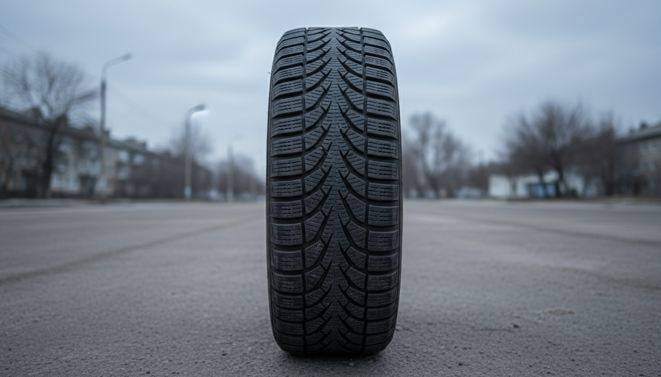 Tylus priemiestis ankstyvą, apsiniaukusią žiemos dieną. Automobilio padanga, stovinti ant sauso, pilko asfalto. Aiškiai matomas padangos protektoriaus raštas. Profesionalus teleobjektyvo kadras, fokusuojant į padangą. Šalta, natūrali šviesa, fotorealistiškas, naujienų agentūros stilius.