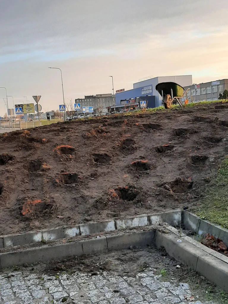 Purvinas šlaitas su daugybe iškastų duobių medžiams, fone – urbanistinis peizažas ir prekybos centras. Priešakyje matyti grindinys ir borteliai, tolumoje – karutis.