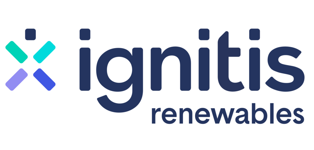 Tamsiai mėlynas „Ignitis Renewables“ logotipas su ryškiu keturių spalvų, persidengiančių juostų simboliu.