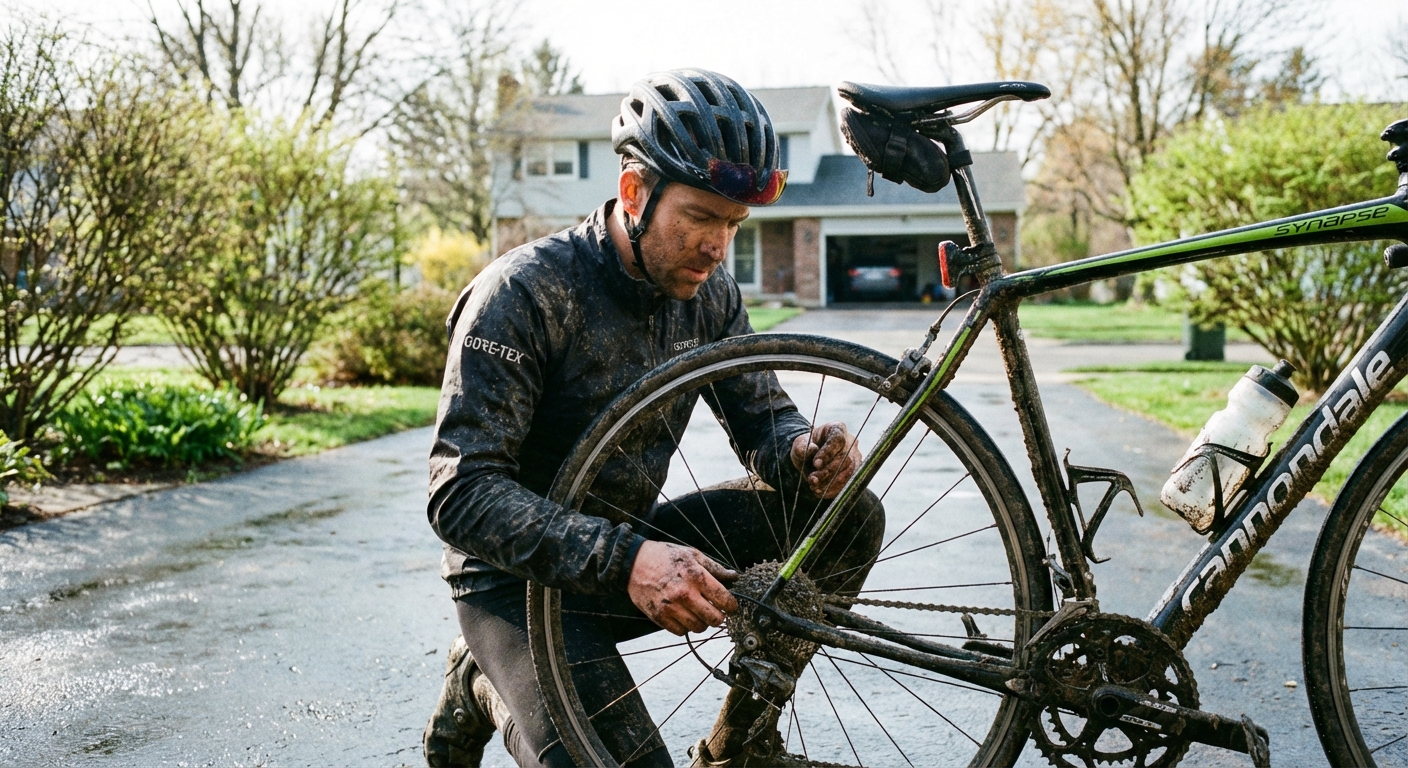 A focused male cyclist in muddy gear meticulously inspecting the gears of a dirty road bike. Candid capture in a suburban driveway environment with greening spring foliage. Cool, bright morning light, f/2.8 aperture, raw photo style, 4k.