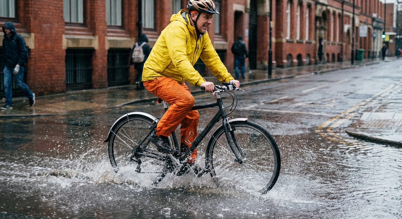 A determined middle-aged cyclist, layered in bright waterproof gear, powerfully pedals through a splashing street puddle on a commuter bike equipped with large mudguards. Overcast diffused daylight, raw photo style, 4k, candid news capture, f/2.8.