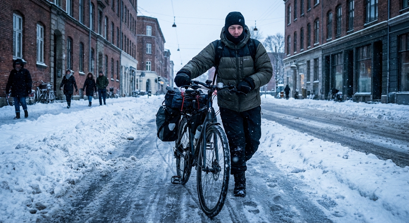 A determined commuter cyclist in rugged winter gear navigates a slushy, icy urban bike path. Overcast cold blue daylight, high contrast. Candid news capture, highly detailed, f/2.8 aperture, raw photo style, 4k.