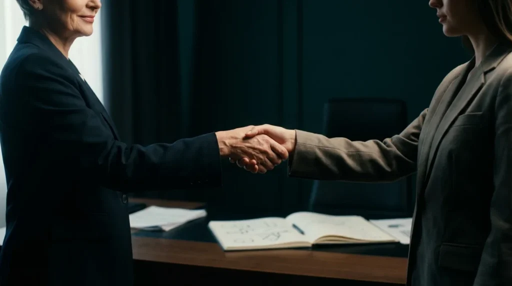 Profesionalės spaudžia rankas biure, simbolizuodamos susitarimą.