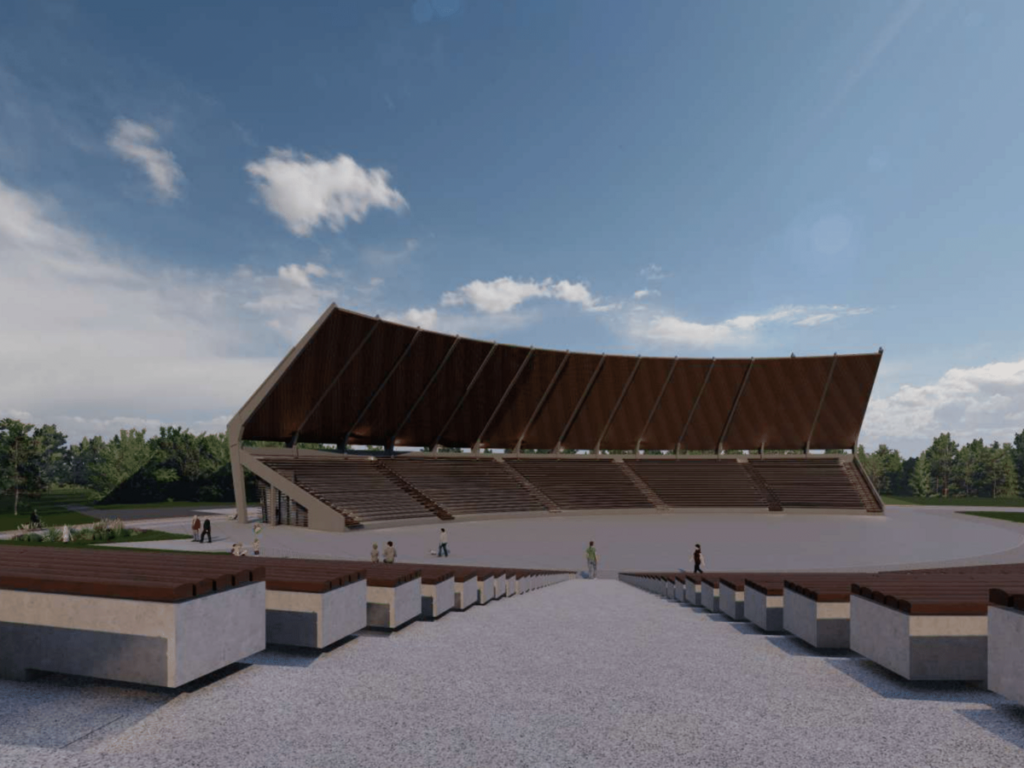 Modernaus amfiteatro vizualizacija: didžiulės sėdimos vietos, išlenktas tamsios medienos stogas ir masyvūs betoninia suolai priekyje.