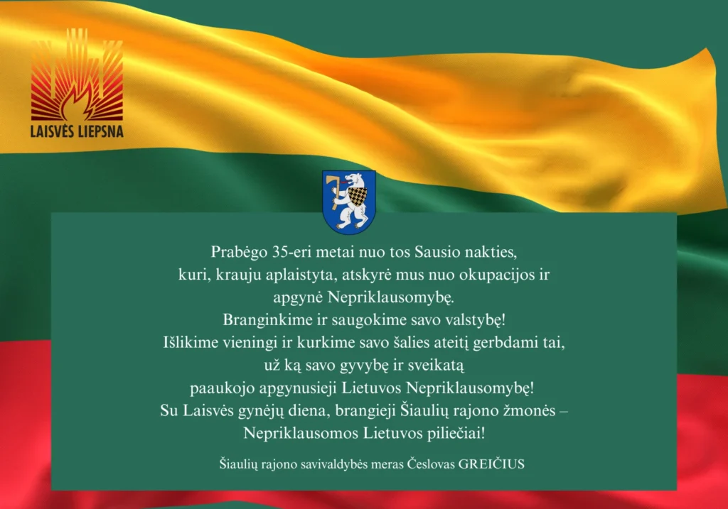 Iškilmingas plakatas: banguojanti Lietuvos trispalvė, Šiaulių herbas ir mero sveikinimas Laisvės gynėjų dienos proga.