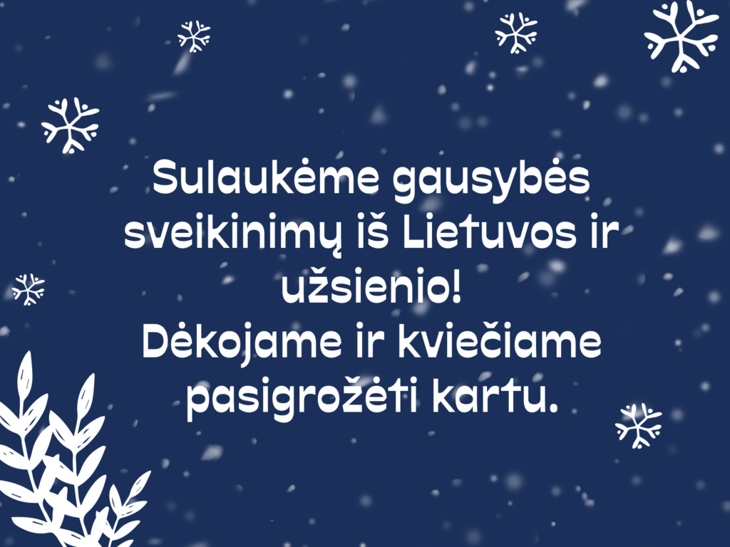 Šventinė tamsiai mėlyna atvirutė, dekoruota baltomis snaigėmis ir lapais, su tekstu, dėkojančiu už gausybę sveikinimų.
