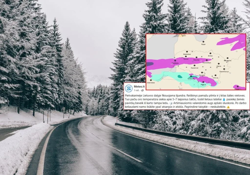 Pavojingas slidus kelias per apsnigtą mišką, su Meteo.lt perspėjimu apie liundrą ir plikledį.