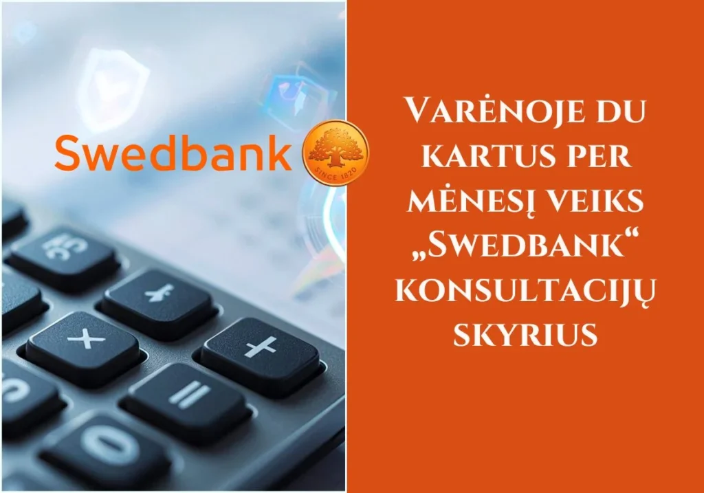 Detali skaičiuoklės klaviatūra, „Swedbank“ logotipas ir šviečiantys skaitmeninės saugos simboliai.