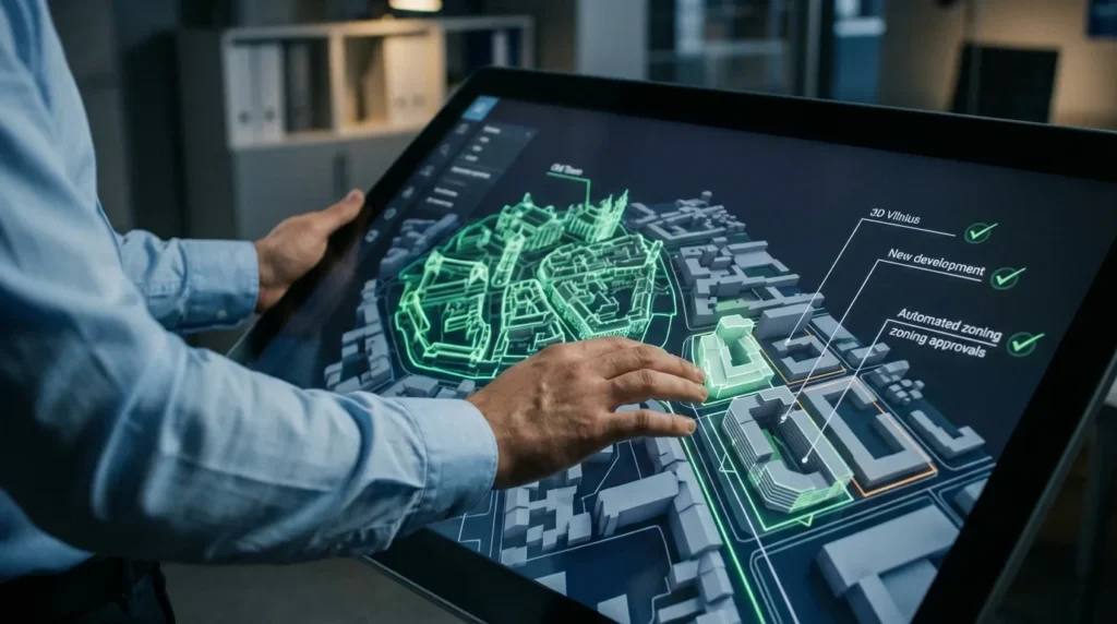 Miesto planavimas, 3D Vilniaus modelis liečiamajame ekrane.