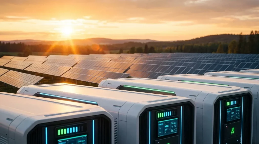 Saulės jėgainė ir energijos kaupimo baterijos saulėlydžio metu.