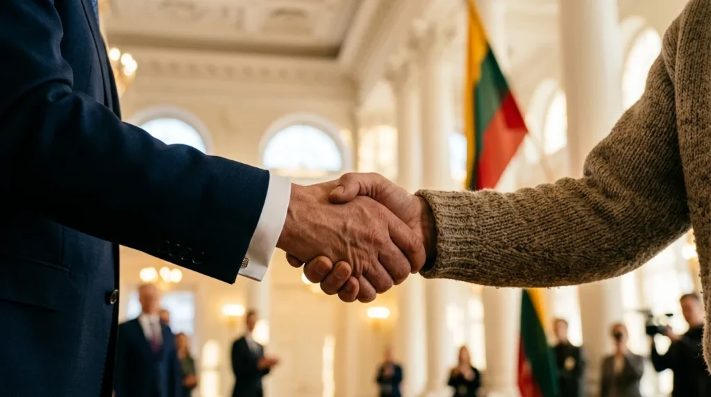 Oficialus rankos paspaudimas Lietuvos vėliavos fone.