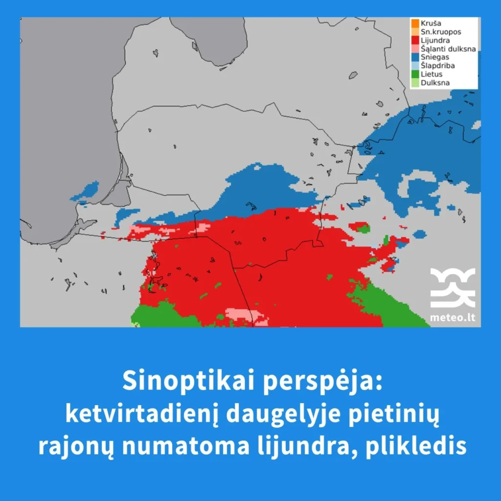 Meteorologinis Lietuvos žemėlapis, kuriame raudona spalva žymi prognozuojamą lijundrą pietiniuose šalies rajonuose.