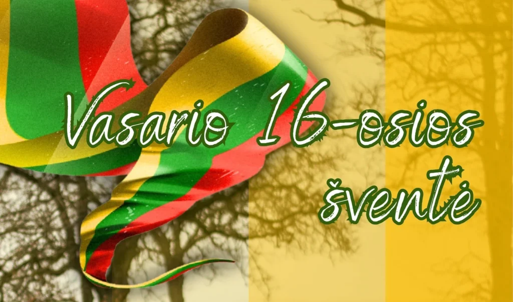 Plevėsuojanti Lietuvos trispalvės juosta medžių fone su dideliu baltu užrašu „Vasario 16-osios šventė“.