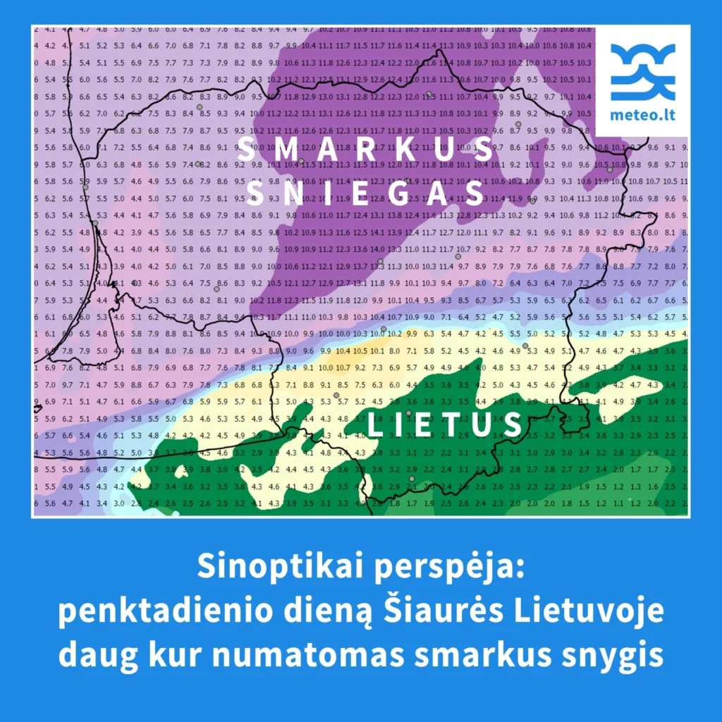 Orų prognozės žemėlapis su spalvotomis zonomis, žyminčiomis numatomą smarkų sniegą šiaurėje ir lietų pietuose.