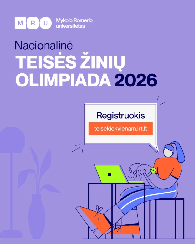 Nacionalinės teisės žinių olimpiados 2026 plakatas su registracijos informacija.