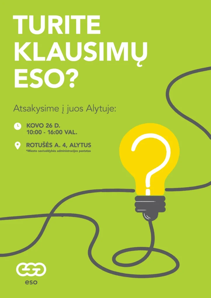 Žalias ESO informacinis plakatas su šviečiančios lemputės iliustracija.