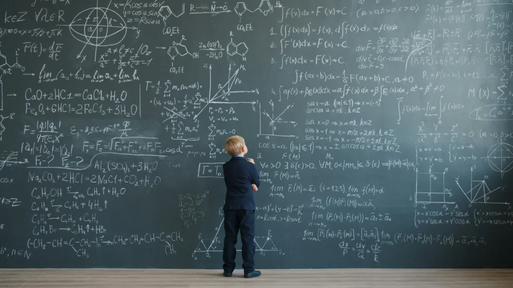 Berniukas su tamsiu kostiumu stovi priešais milžinišką lentą, pilną sudėtingų matematinių ir mokslo formulių.