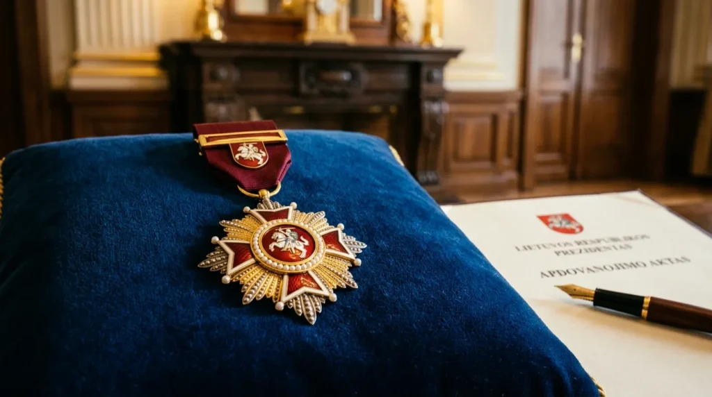 Lietuvos valstybinis ordinas ant aksominės pagalvėlės prezidentūroje.
