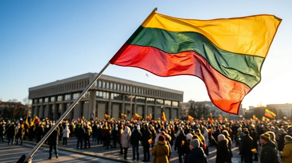 Lietuvos trispalvė plevėsuoja virš susirinkusios minios prie Seimo.
