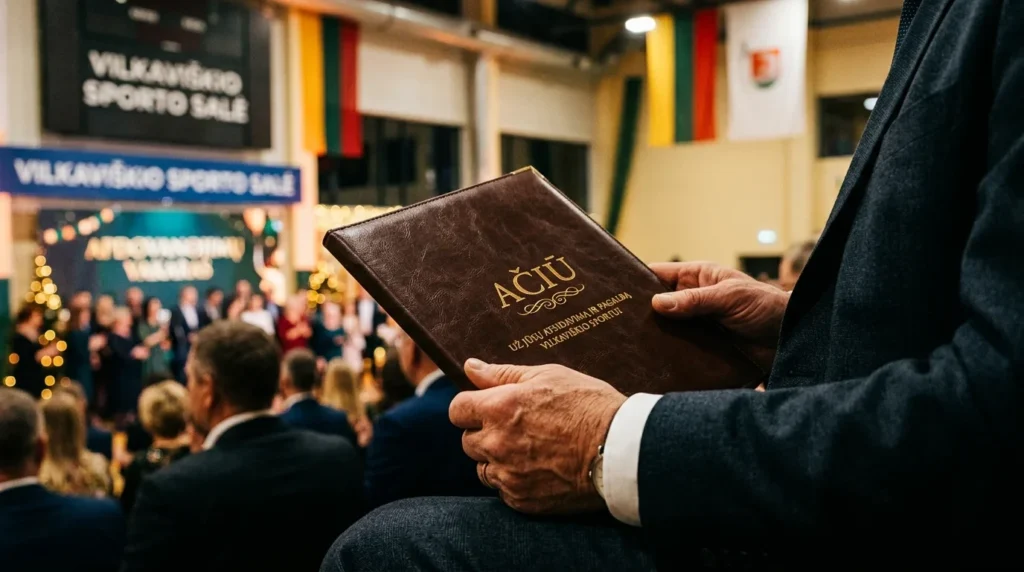 Rankos laiko padėkos aplanką Vilkaviškio sporto apdovanojimų ceremonijoje.