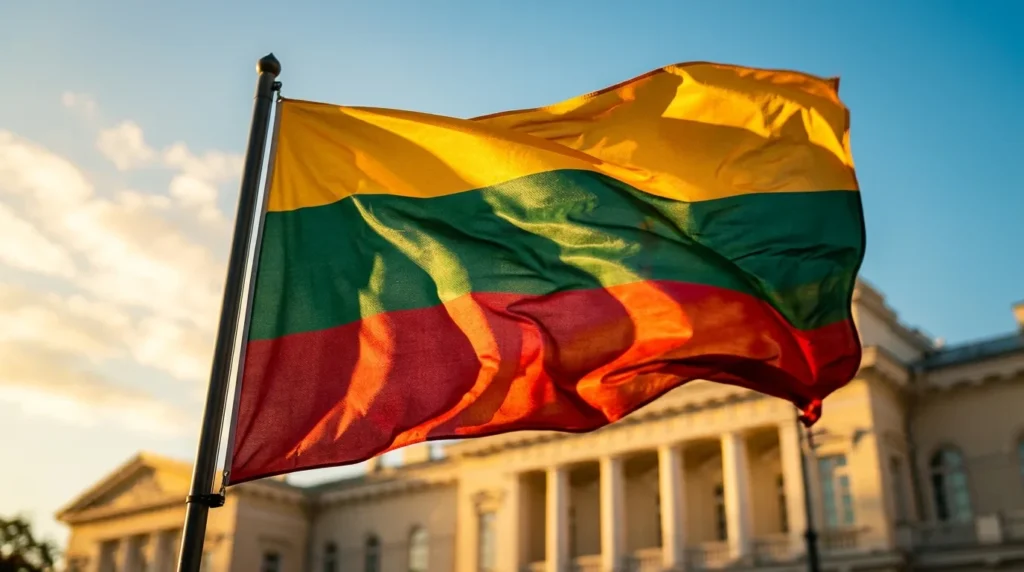 Lietuvos trispalvė vėliava plevėsuoja prie klasicizmo stiliaus pastato.