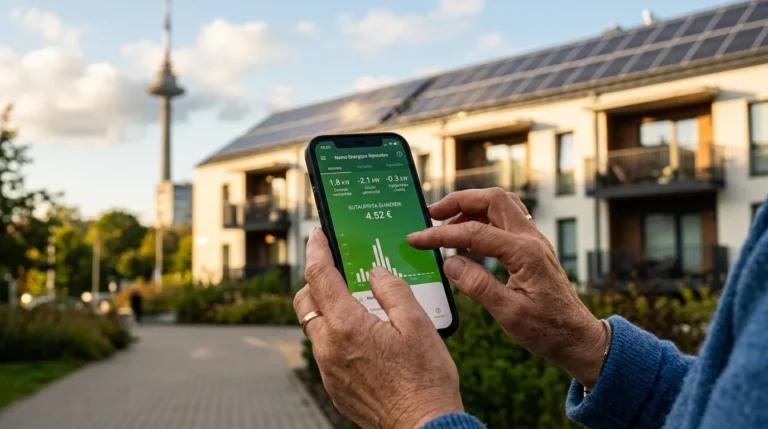 Išmanusis telefonas su energijos sąnaudų programėle saulės elektrinių fone.