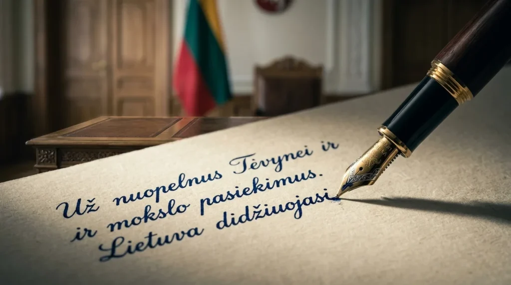 Plunksnakotis rašo padėkos tekstą Lietuvos vėliavos fone.