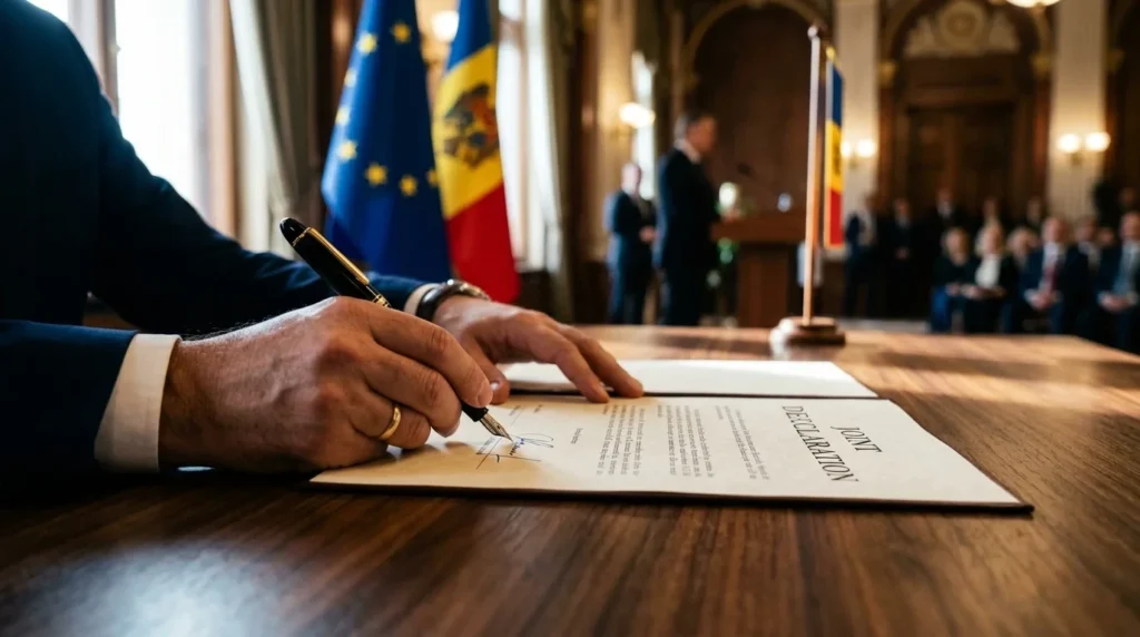 Vyras pasirašo „Jungtinę deklaraciją“ šalia Europos Sąjungos ir Moldovos vėliavų.