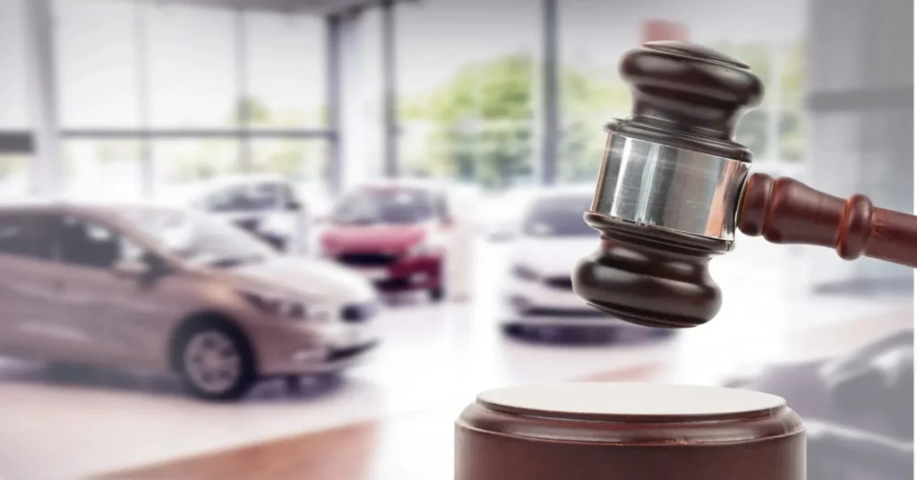 Medinis teisėjo plaktukas virš garso trinkos, fone – neryškūs automobiliai šviesiame pardavimų salone.