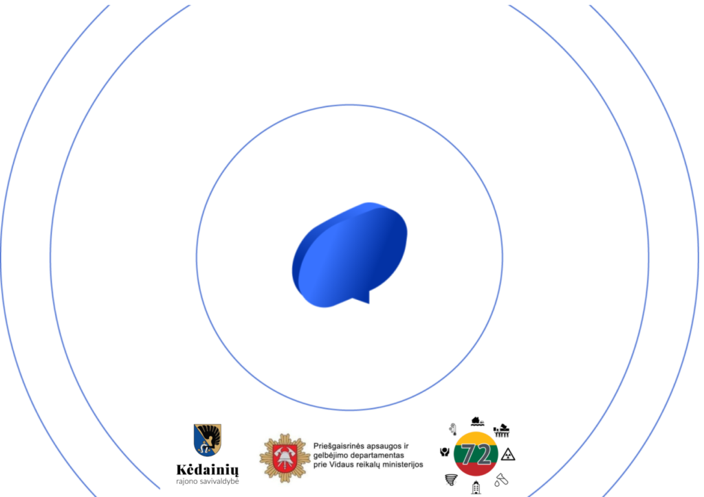 Mėlynas informacinio pranešimo simbolis koncentrinių apskritimų viduryje su civilinės saugos ir savivaldybės logotipais.