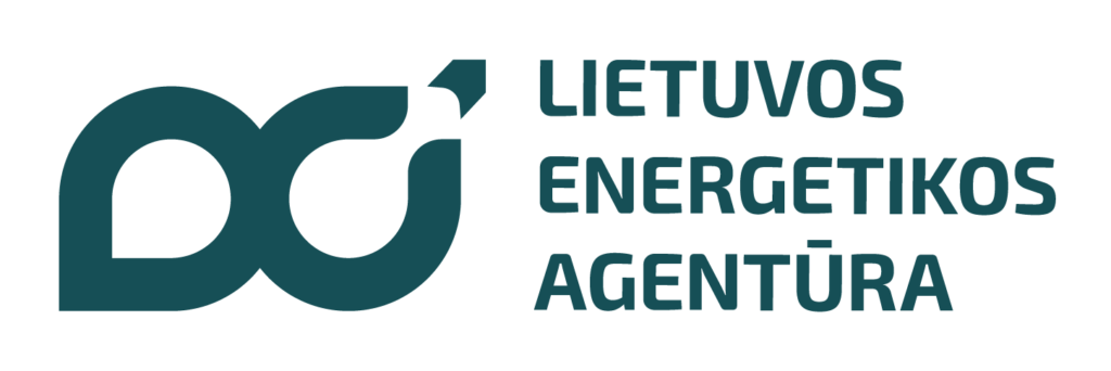 Tamsiai žalias Lietuvos energetikos agentūros logotipas su stilizuotu simboliu ir kylančia rodykle baltame fone.