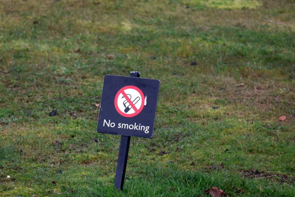 Juodas ženklas su užrašu „No smoking“ ir perbrauktos cigaretės simboliu žalios žolės fone.