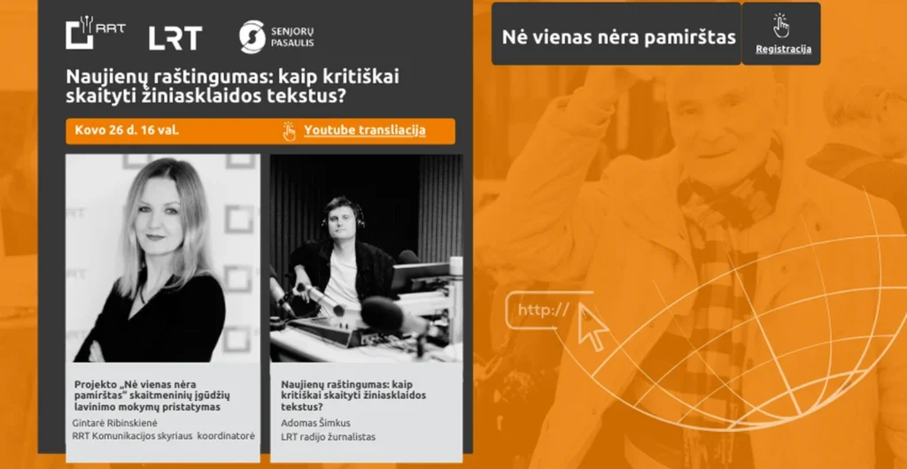 Renginio plakatas su pranešėjų Gintarės Ribinskienės ir Adomo Šimkaus nuotraukomis apie naujienų raštingumo mokymus.