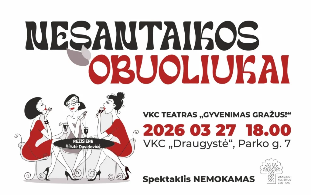 Spektaklio plakatas, kuriame pavaizduotos trys stilingos moterys prie stalo, geriančios vyną ir besikalbančios.