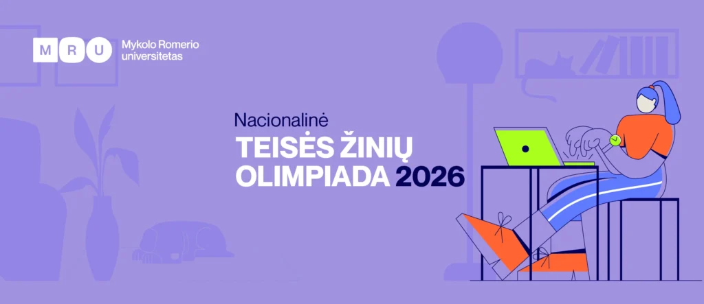 MRU Nacionalinės teisės žinių olimpiados 2026 iliustracija su žmogumi prie kompiuterio.