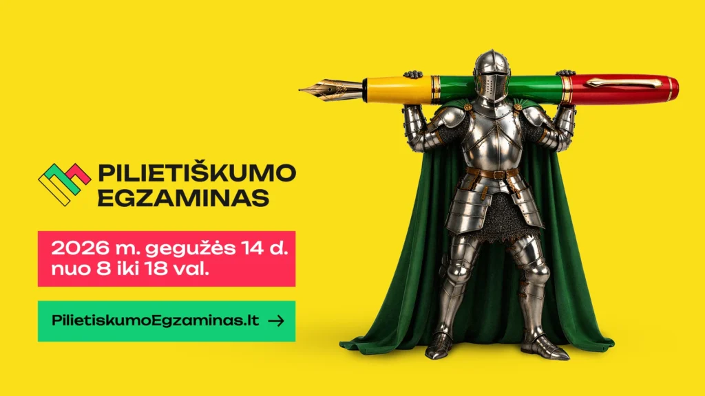 Riteris, laikantis milžinišką Lietuvos vėliavos spalvų parkerį geltoname fone.