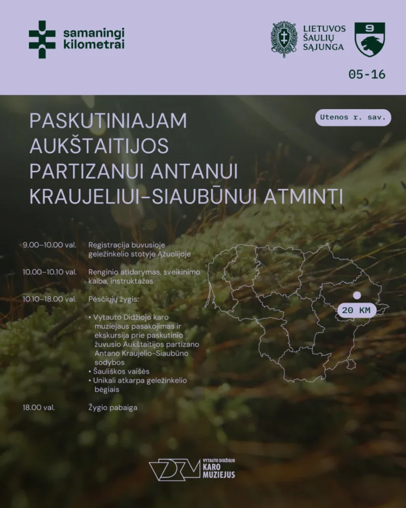 Renginio plakatas su miško fonu, skirtas pėsčiųjų žygiui atminti partizaną Antaną Kraujelį-Siaubūną.