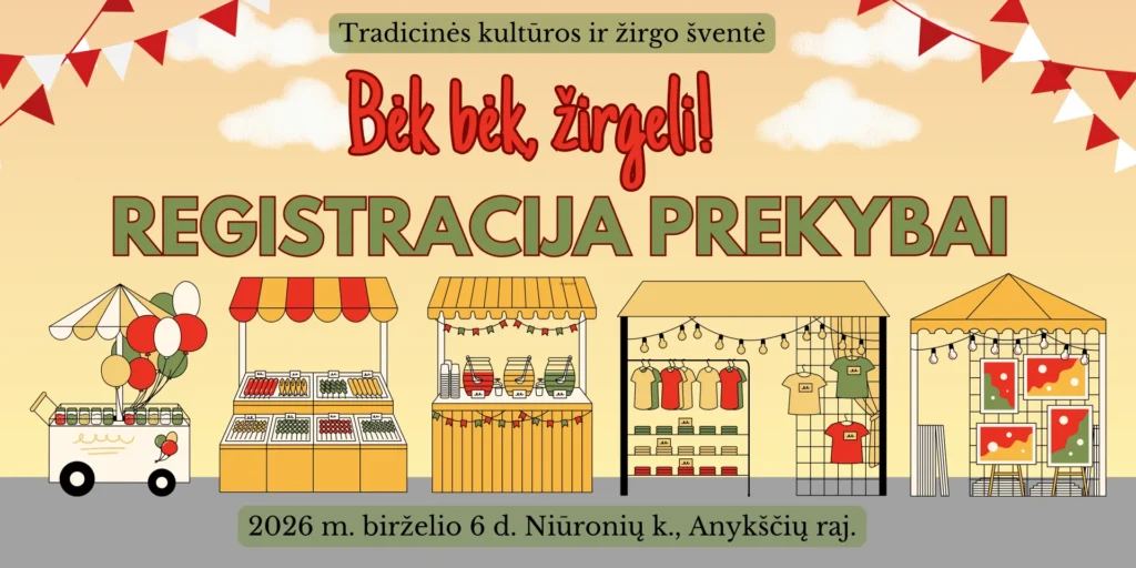 Iliustracija su spalvingais prekybos nameliais, skirta registracijai į šventę „Bėk bėk, žirgeli!“ Anykščių rajone.