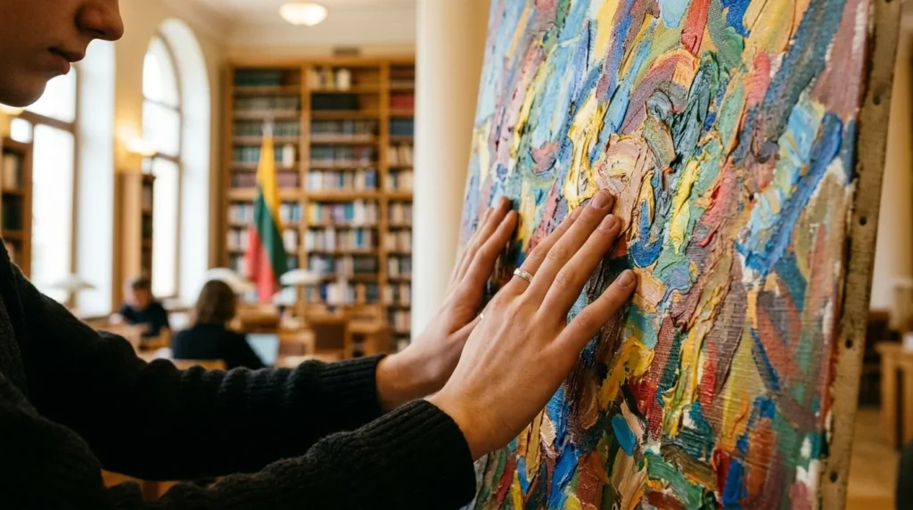 Rankos liečia spalvingą tekstūrinį paveikslą bibliotekos aplinkoje.