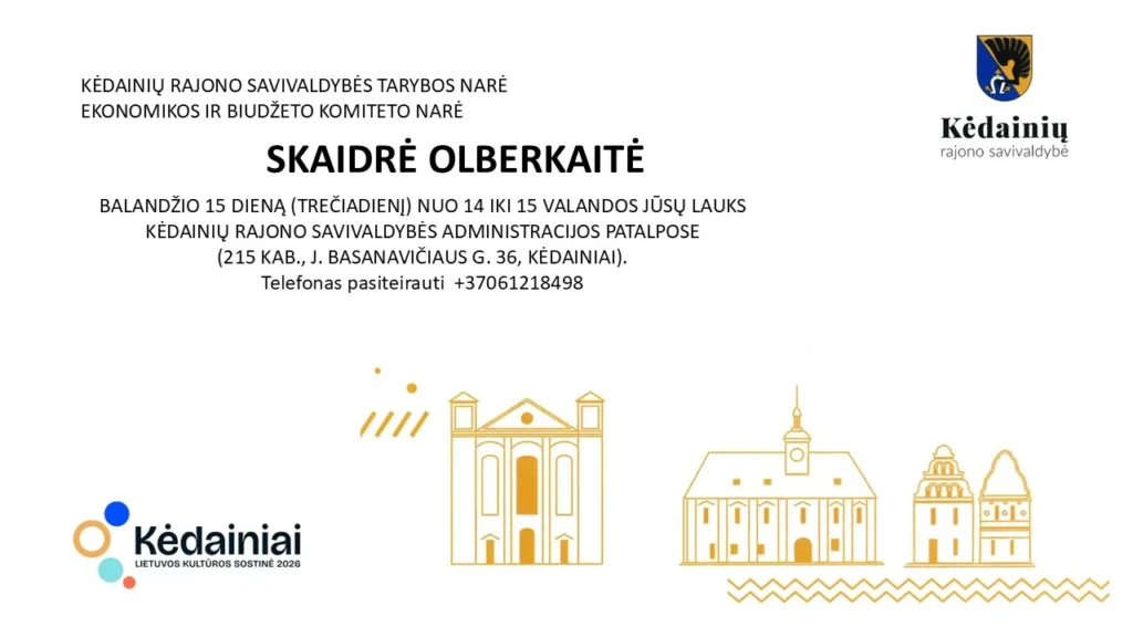 Informacinis pranešimas apie Kėdainių rajono tarybos narės Skaidrės Olberkaitės susitikimą su gyventojais savivaldybėje.