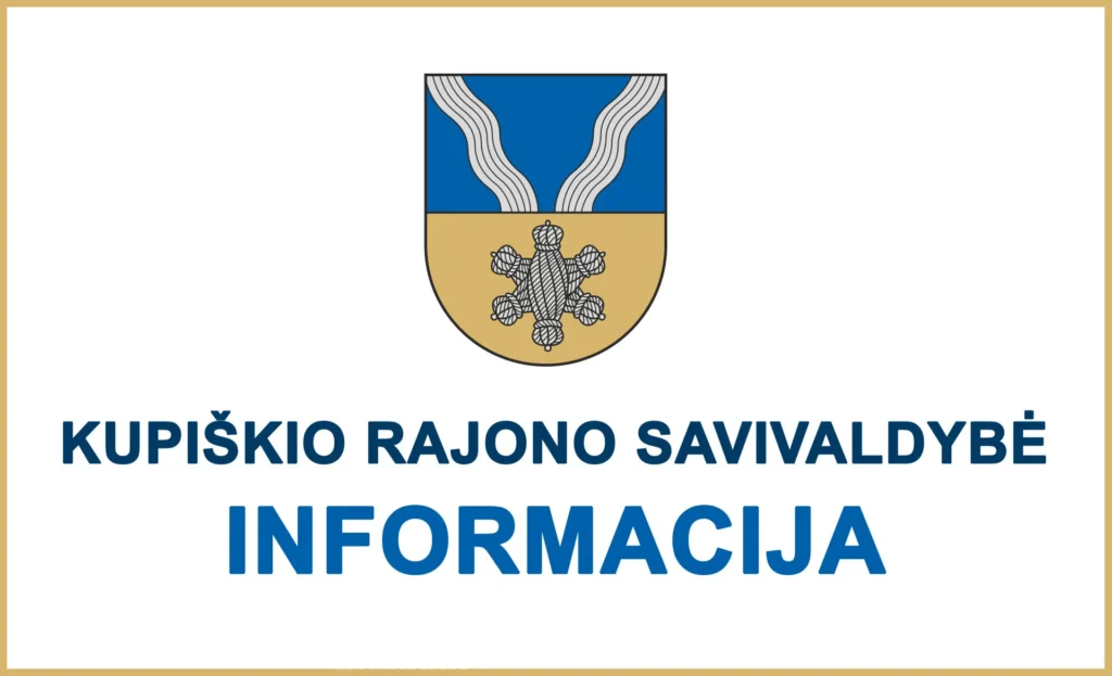 Kupiškio rajono savivaldybės herbas ir tamsiai mėlyni užrašai „Kupiškio rajono savivaldybė“ bei „Informacija“ baltame fone.