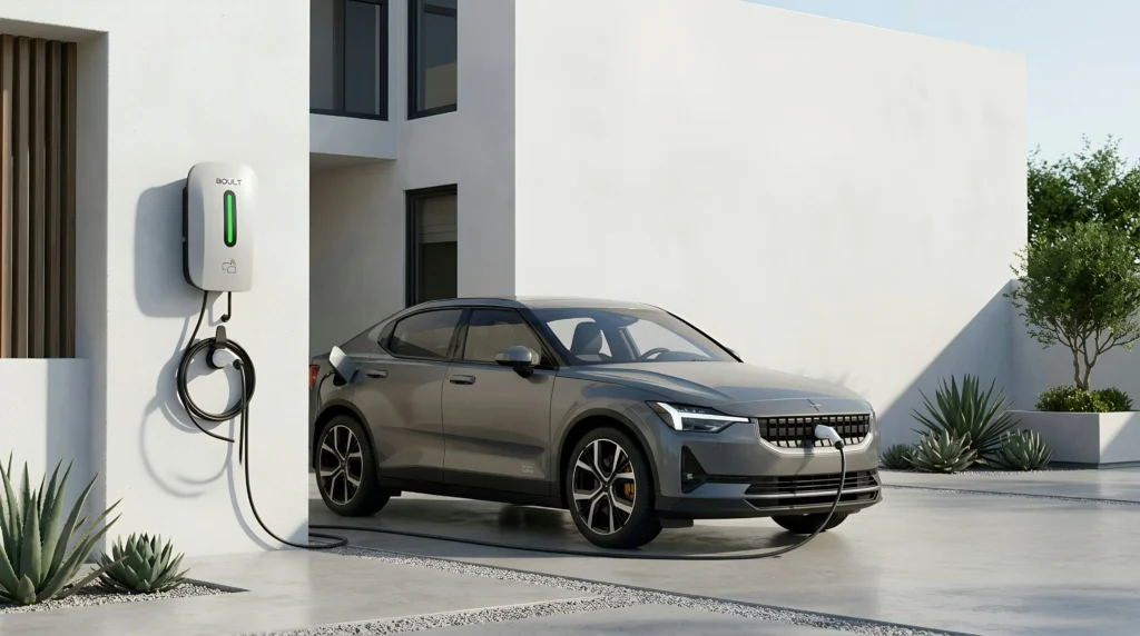 Pilkas Polestar elektromobilis kraunamas iš sieninio įkroviklio prie modernaus balto pastato saulėtą dieną.