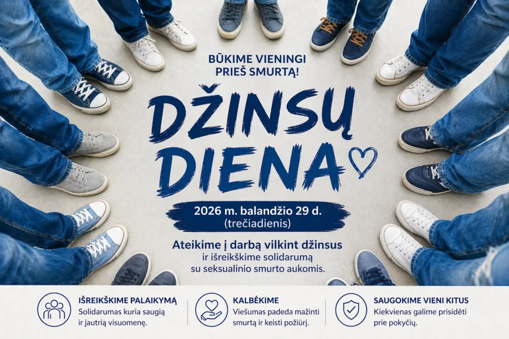 Ratu sustoję žmonės su džinsais ir sportiniais bateliais aplink užrašą apie solidarumą su smurto aukomis.