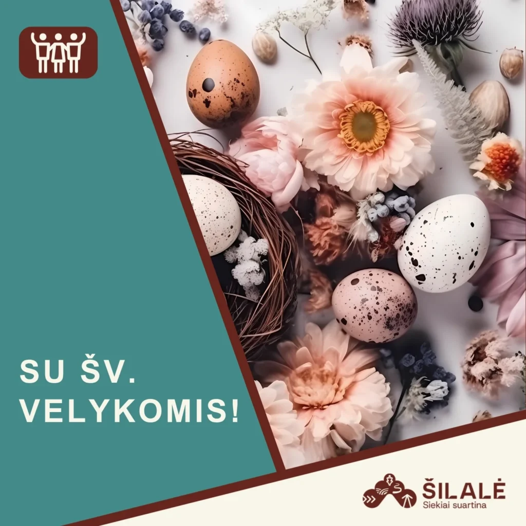 Velykinė kompozicija su taškuotais kiaušiniais, lizdu, rausvomis gėlėmis bei užrašu „Su Šv. Velykomis!“