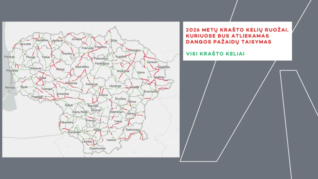 Lietuvos žemėlapis, kuriame raudonai pažymėti 2026 metais planuojami remontuoti krašto kelių ruožai visoje šalyje.
