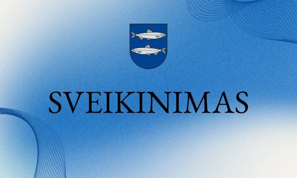 Mėlynas fonas su užrašu „SVEIKINIMAS“ ir Švenčionių herbu, vaizduojančiu dvi sidabrines žuvis mėlyname skyde.