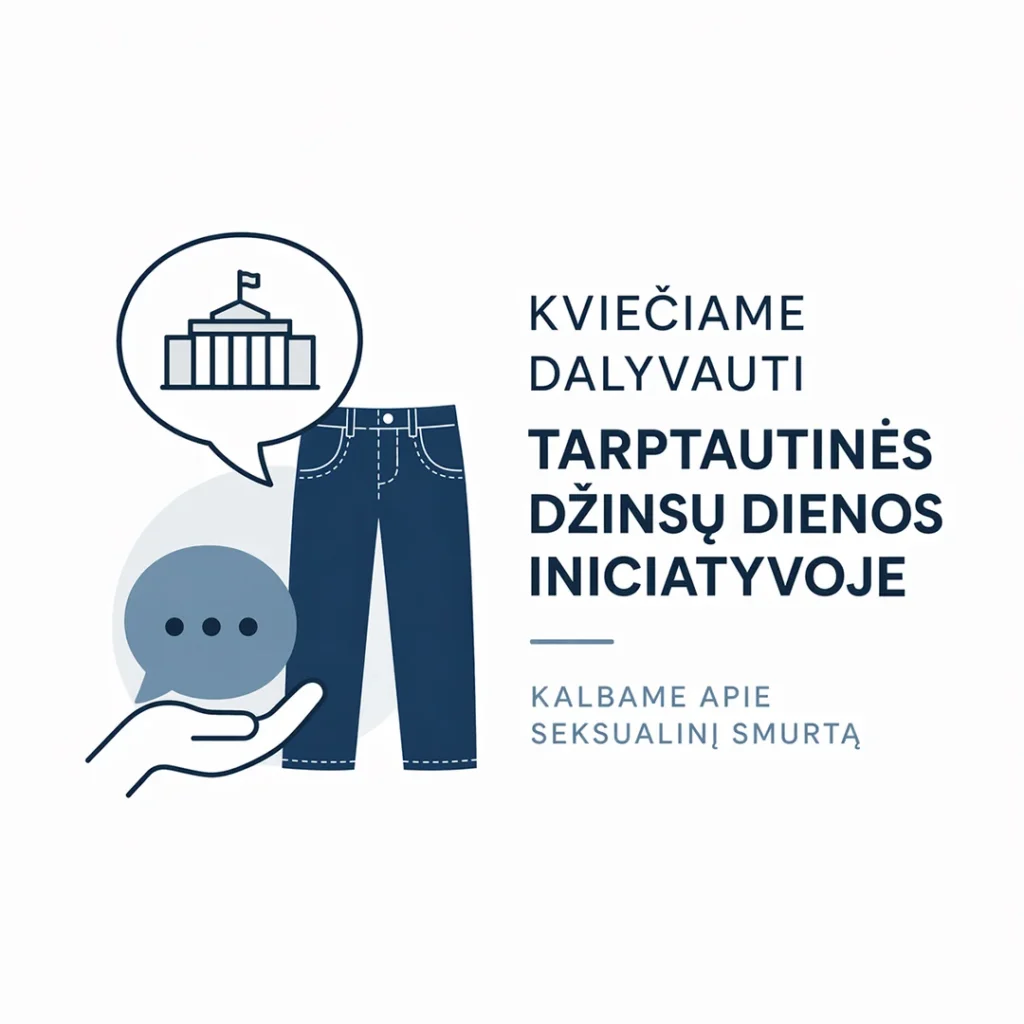 Iliustracija su tamsiai mėlynais džinsais, kalbos burbuluose pavaizduotas Seimas bei delne laikomas elipsės simbolis.