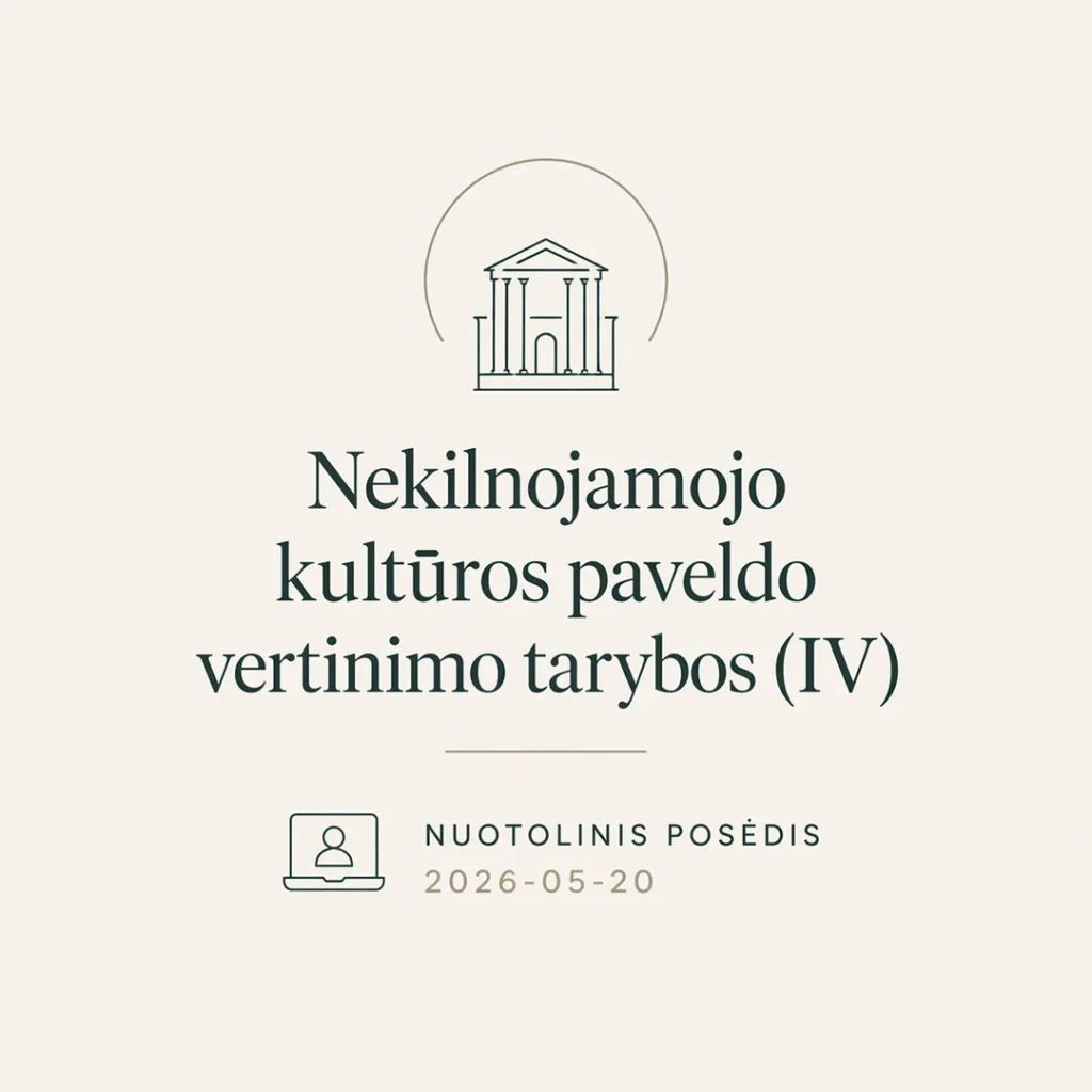 Šviesus grafinis pranešimas su pastato ikona, skelbiantis apie Nekilnojamojo kultūros paveldo vertinimo tarybos nuotolinį posėdį.