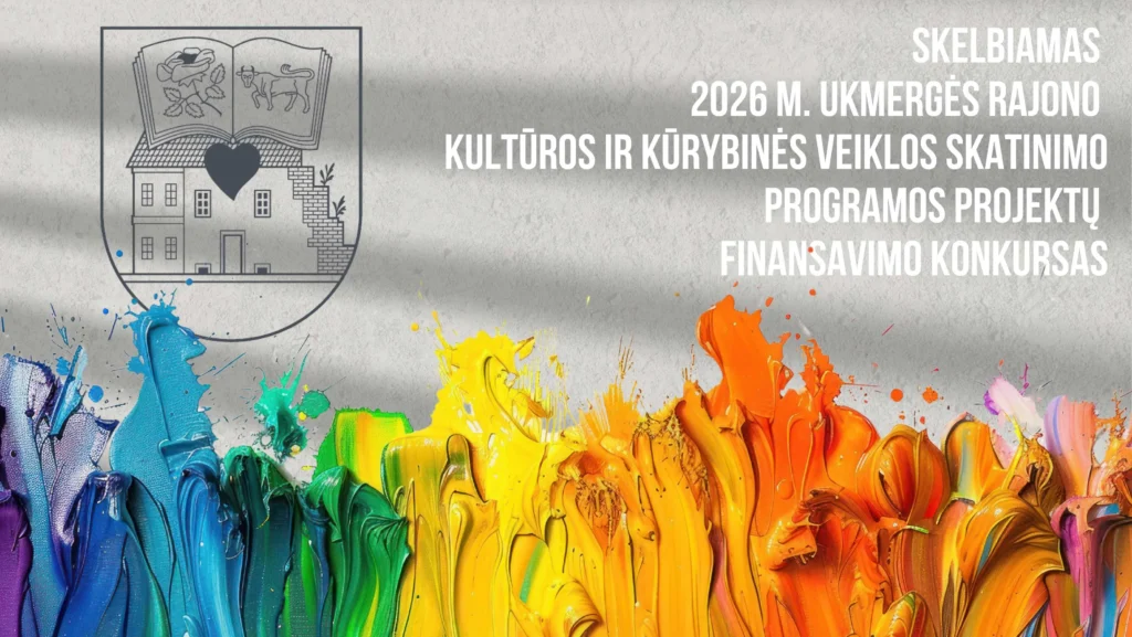 Pilkas fonas su ryškiais vaivorykštės spalvų dažų potėpiais, Ukmergės herbu ir tekstu apie kūrybinį konkursą.